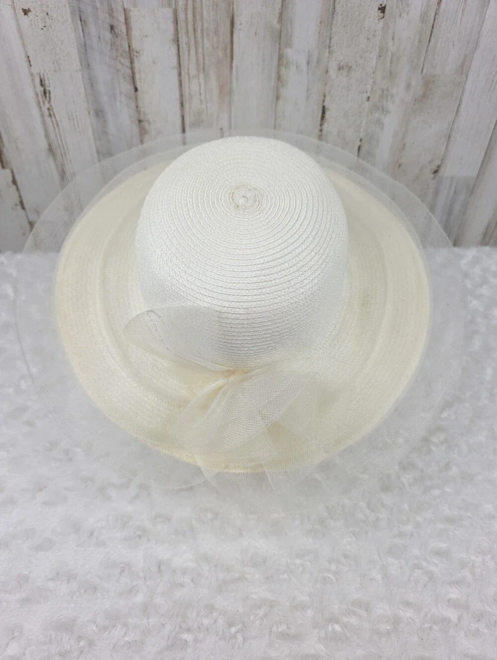 Cream-Colored Vintage Ladies' Tulle Straw Hat One Size - Picture 3 of 10